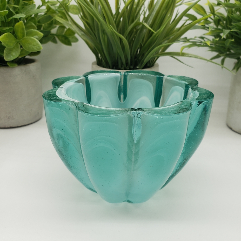 Vitrocolor Recycled Agate White Teal Blue Floral Design Art Glass Bowl - Picture 2 of 8